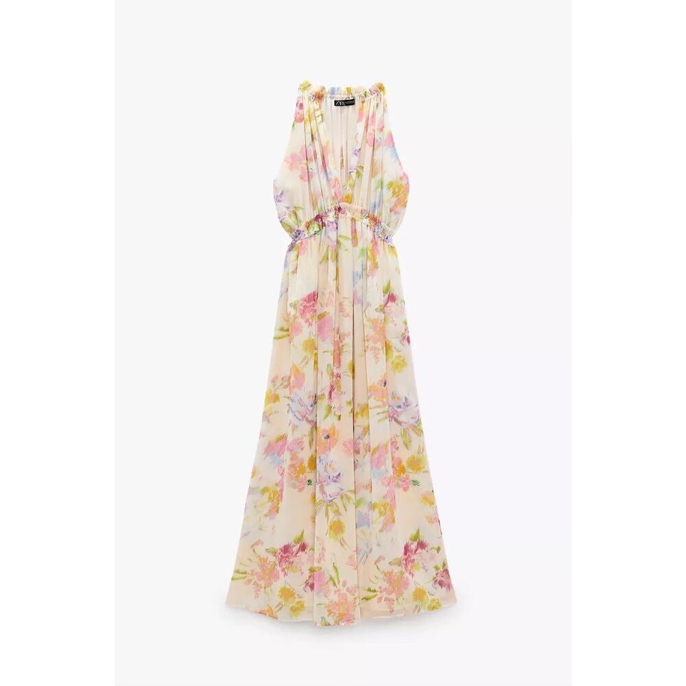 Zara Multicolor Floral Chiffon Sleeveless Cami Camisole Maxi A-line Tank Dress L - Picture 9 of 10